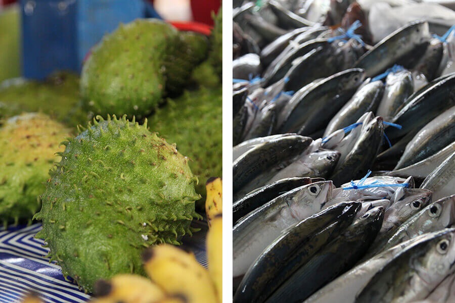 Étalages colorés du marché Sir Selwyn-Clarke à Victoria, Mahé, Seychelles, fruits et poisson locales.