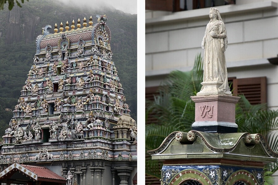 Temple hindou Hindu Sri Navasakthi Vinayagar et statue de la reine Victoria à Victoria, Mahé, Seychelles