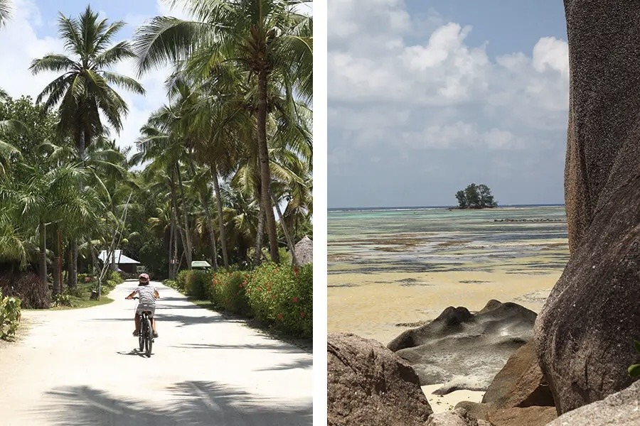 Famille explorant l’île de La Digue à vélo pendant trois jours, Seychelles, expérience active.