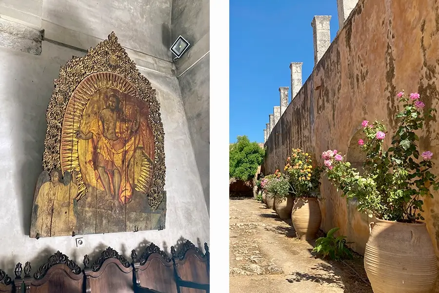 Icône et cour intérieure du monastère d’Arkadi