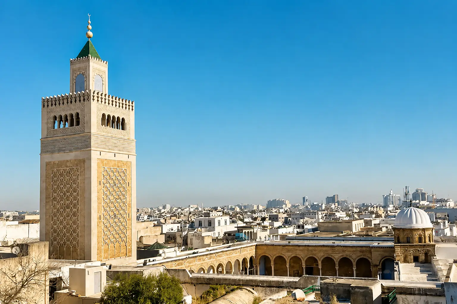 Quoi voir en Tunisie en famille : vue panoramique sur la médina de Tunis avec la mosquée Zitouna et le centre de la capitale